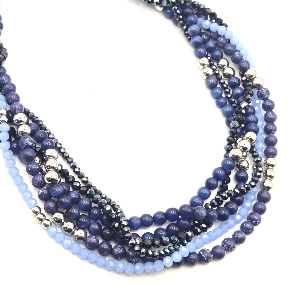 Talbots Multi Strand Variety Glass Beaded Necklace Blue Cats Eye Silver Tone